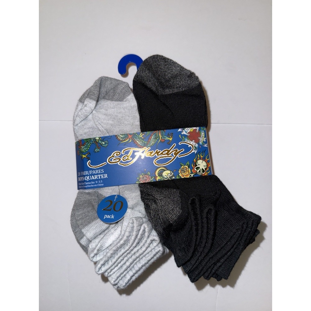 Ed Hardy Boys Quarter Socks 20 Pack Youth Shoe Size 9-3.5 Black White NEW